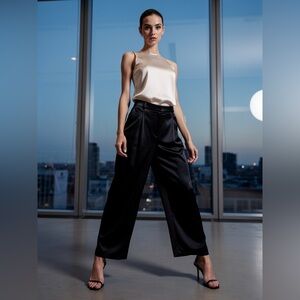 Loft Ann Taylor satin black pant Trouser straight leg 14 high rise elastic waist